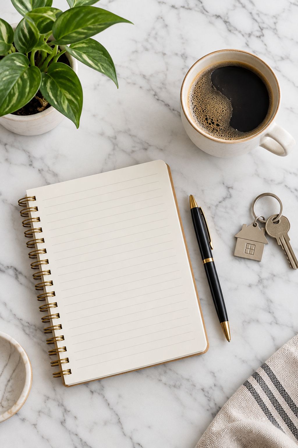 Desk flat-lay, illustrative