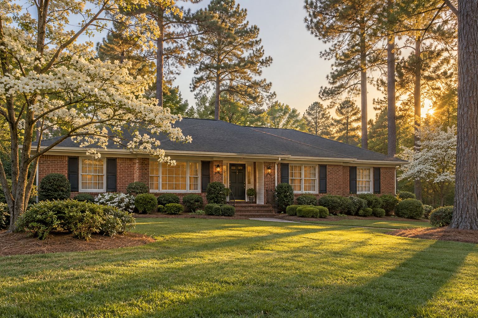 A brick ranch home with a tree lined yard in the Atlanta area, illustrative