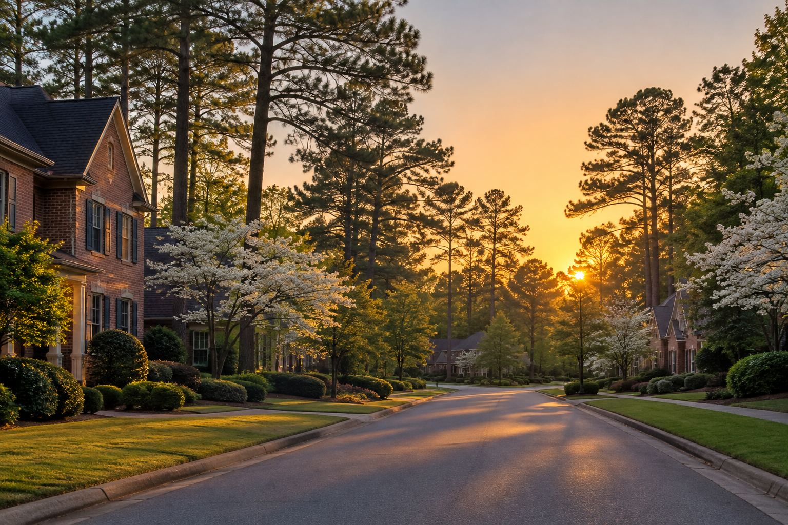 A tree lined Atlanta area street at sunset, illustrative
