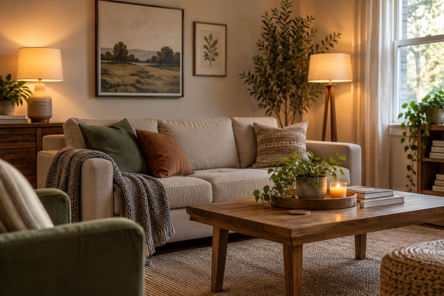 A cozy living room, illustrative